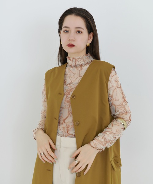 スタンドカラー チュールシアートップス TINA：JOJUN（Tシャツ