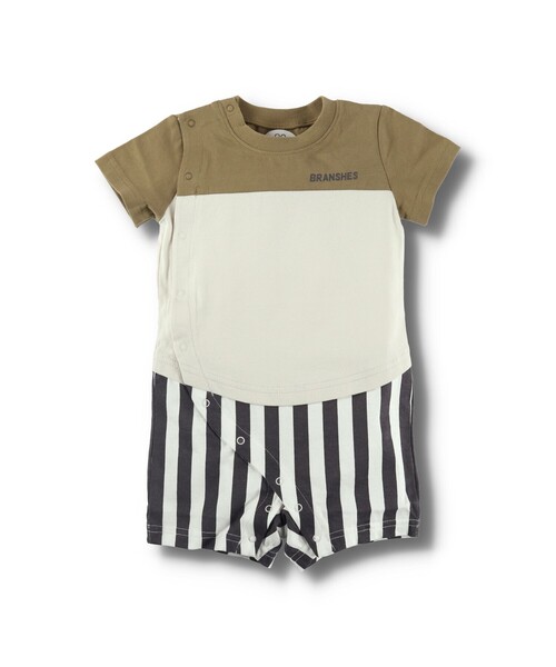 BRANSHES(ブランシェス)の「Tシャツ重ね着風半袖カバーオール(ロンパース・キッズ・ブラウン/グリーン・80/70)」の1枚目の写真