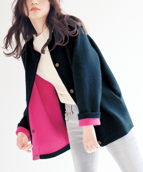 RANAN(ラナン)の「ウール入り配色ニットアウター(その他アウター・レディース・ネイビー/ライラック・LL/L/M)」の2枚目の写真