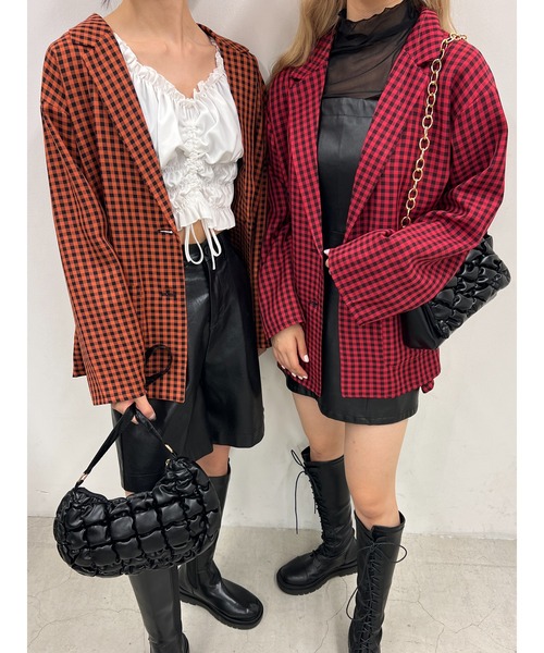WC（ダブル シー）の「ブラックギンガムジャケット（テーラードジャケット・レディース・オレンジ/レッド/グリーン・FREE）」の2枚目の写真
