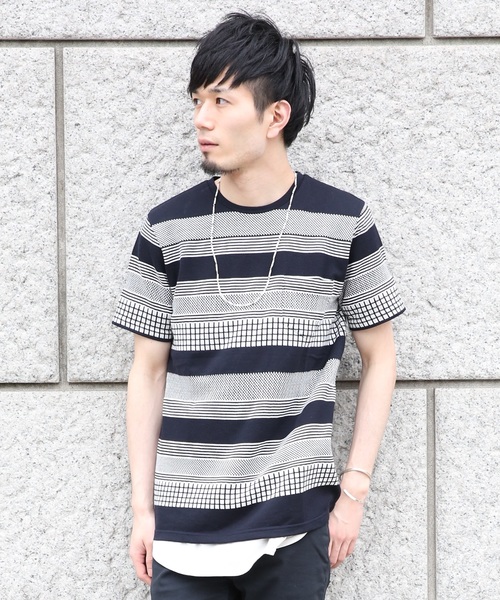 HARE(ハレ)の「ジャガードラインカットソー(HARE)(Tシャツ/カットソー・メンズ・オフホワイト/カーキ/ネイビー・MEDIUM/SMALL/LARGE)」の3枚目の写真