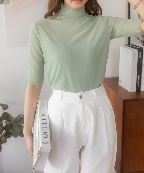 け10●adabat 半袖ハイネックシャツ L 未使用品ライトグリーン け10○adabat 半袖ハイネックシャツ L 未使用品ライトグリーン