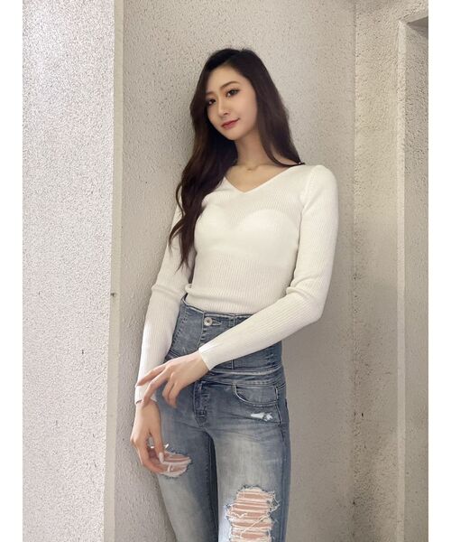 GYDA（ジェイダ）の「Vネックリブニットトップス（ニット/セーター・レディース・ブラック/オフホワイト/その他1・FREE）」の8枚目の写真