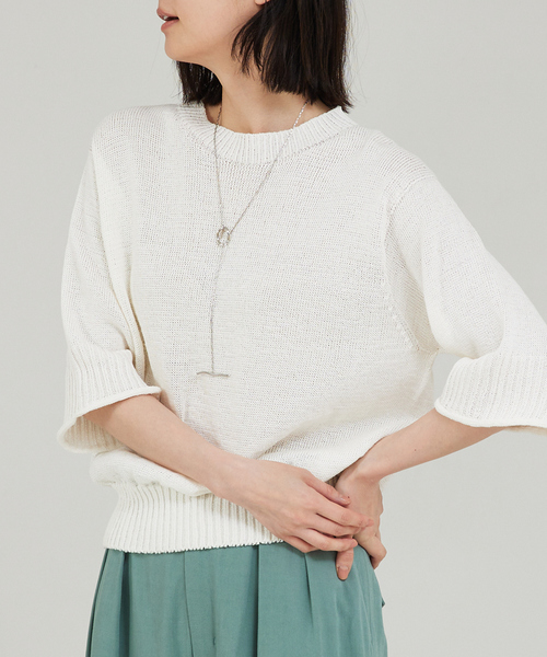 qualite(カリテ)の「ギマコットンクールネックニット(ニット/セーター・レディース・ベージュ/ライトブルー/オフホワイト/グレー/ブルー・フリー)」の1枚目の写真