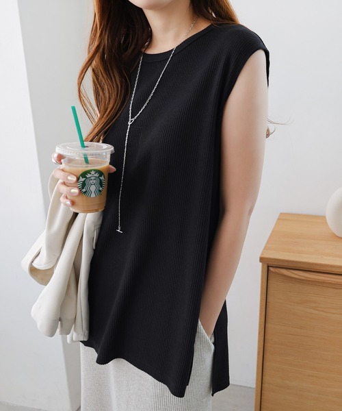 セール】セルフカットリブノースリーブトップス（Tシャツ/カットソー