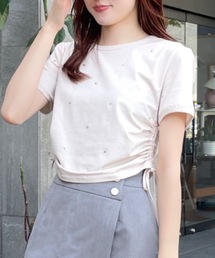 ビジューサイドギャザーTシャツ