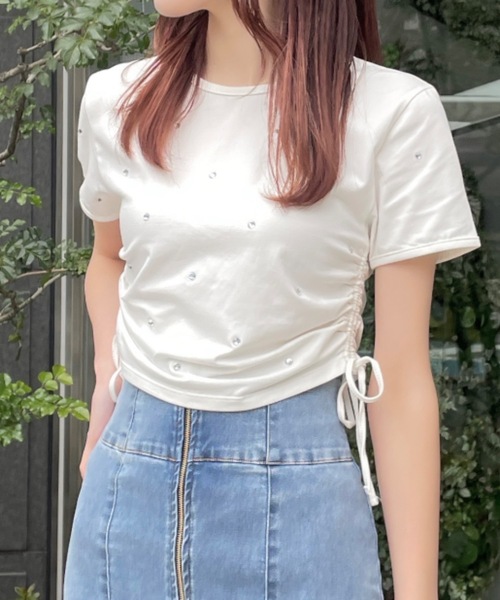 NOMAE(ノーマエ)の「ビジューサイドギャザーTシャツ(Tシャツ/カットソー・レディース・ホワイト/ブラック/ピンク/ライトグリーン/グリーン・FREE)」の6枚目の写真