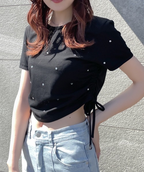 NOMAE(ノーマエ)の「ビジューサイドギャザーTシャツ(Tシャツ/カットソー・レディース・ホワイト/ブラック/ピンク/ライトグリーン/グリーン・FREE)」の14枚目の写真