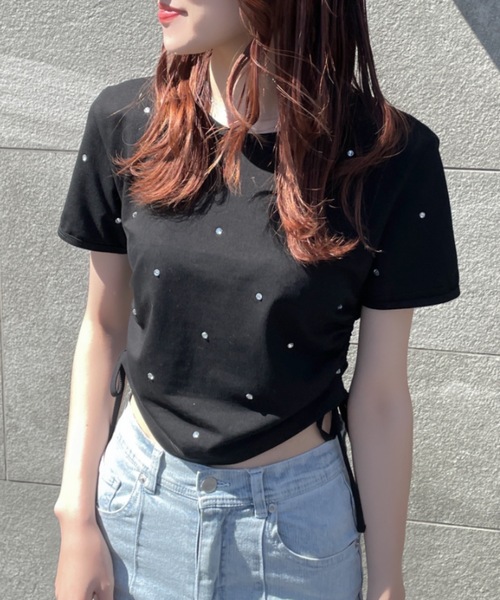 NOMAE(ノーマエ)の「ビジューサイドギャザーTシャツ(Tシャツ/カットソー・レディース・ホワイト/ブラック/ピンク/ライトグリーン/グリーン・FREE)」の15枚目の写真
