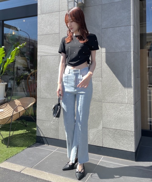 NOMAE(ノーマエ)の「ビジューサイドギャザーTシャツ(Tシャツ/カットソー・レディース・ホワイト/ブラック/ピンク/ライトグリーン/グリーン・FREE)」の18枚目の写真