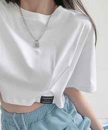 ロゴネーム付き ギャザー クロップドTシャツ