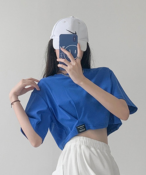 SHEPP(シープ)の「ロゴネーム付き ギャザー クロップドTシャツ(Tシャツ/カットソー・レディース・ホワイト/ブラック/サックスブルー/ブルー/グレー・F)」の8枚目の写真