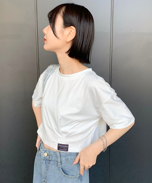 SHEPP(シープ)の「ロゴネーム付き ギャザー クロップドTシャツ(Tシャツ/カットソー・レディース・ホワイト/ブラック/サックスブルー/ブルー/グレー・F)」の15枚目の写真