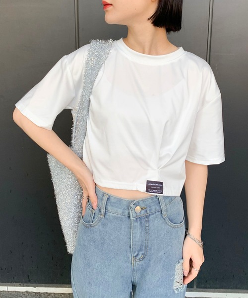 SHEPP(シープ)の「ロゴネーム付き ギャザー クロップドTシャツ(Tシャツ/カットソー・レディース・ホワイト/ブラック/サックスブルー/ブルー/グレー・F)」の16枚目の写真