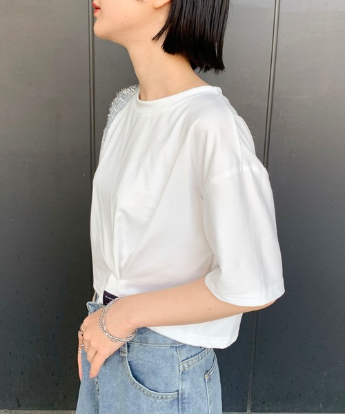SHEPP(シープ)の「ロゴネーム付き ギャザー クロップドTシャツ(Tシャツ/カットソー・レディース・ホワイト/ブラック/サックスブルー/ブルー/グレー・F)」の18枚目の写真