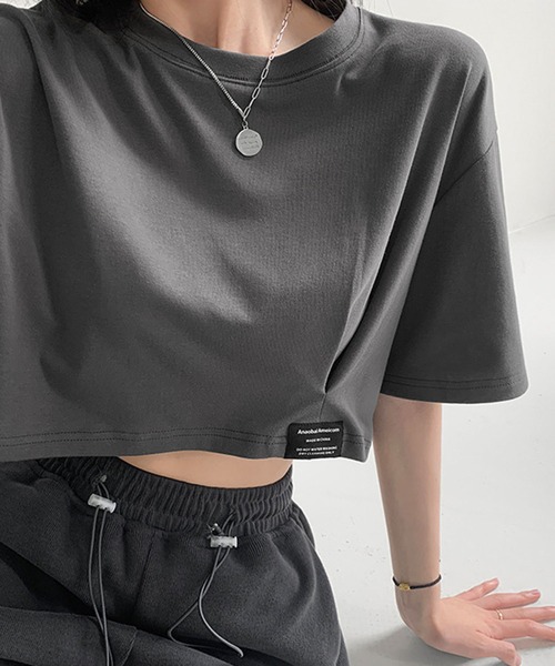 SHEPP(シープ)の「ロゴネーム付き ギャザー クロップドTシャツ(Tシャツ/カットソー・レディース・ホワイト/ブラック/サックスブルー/ブルー/グレー・F)」の19枚目の写真
