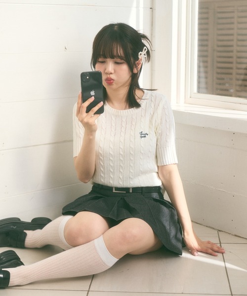 Ada.(エイダ)の「<Peachyyouth × Ada.>半袖 ケーブル サマーニット(ニット/セーター・レディース・ライトブルー/ホワイト/ネイビー・FREE)」の15枚目の写真