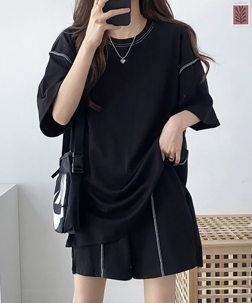Girly Doll(ガーリードール)の「セットアップ Tシャツ&ショートパンツ 2点セット(セットアップ・レディース・グレー/ブラック/ベージュ・F)」の4枚目の写真