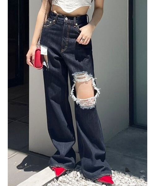 EVRIS（エヴリス）の「スクエアダメージワイドパンツ（デニムパンツ・レディース・ブラック/ライトブルー/インディゴブルー・MEDIUM/SMALL）」の3枚目の写真