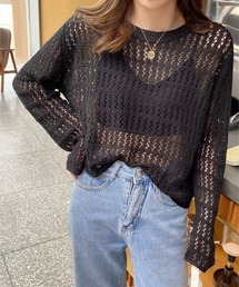 透かし編みクロップド丈長袖トップス