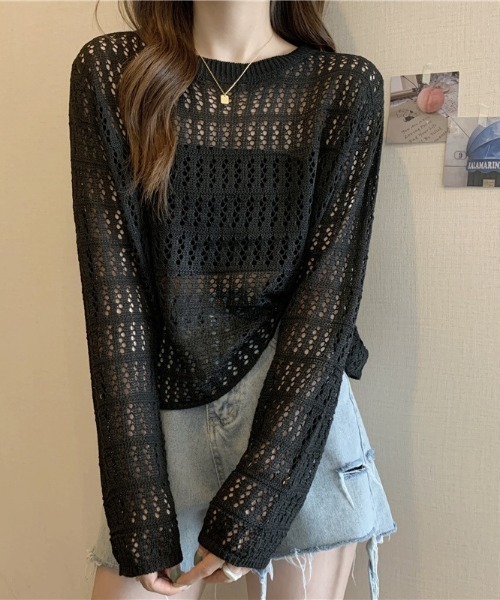 tolene(トレネ)の「透かし編みクロップド丈長袖トップス(ニット/セーター・レディース・ブラック/ホワイト/ベージュ・FREE)」の12枚目の写真