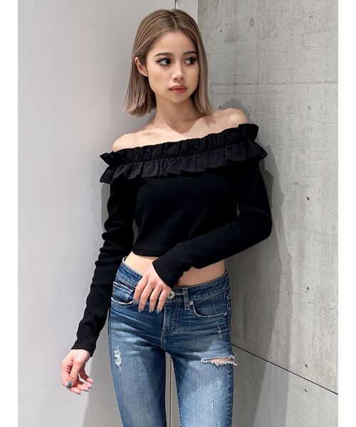 GYDA(ジェイダ)の「フリルリブトップス(Tシャツ/カットソー・レディース・ブラック/オフホワイト・FREE)」の2枚目の写真