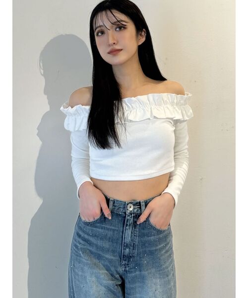 GYDA(ジェイダ)の「フリルリブトップス(Tシャツ/カットソー・レディース・ブラック/オフホワイト・FREE)」の8枚目の写真
