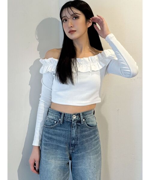 GYDA(ジェイダ)の「フリルリブトップス(Tシャツ/カットソー・レディース・ブラック/オフホワイト・FREE)」の9枚目の写真