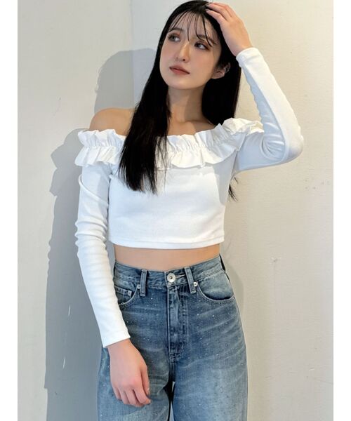 GYDA(ジェイダ)の「フリルリブトップス(Tシャツ/カットソー・レディース・ブラック/オフホワイト・FREE)」の10枚目の写真
