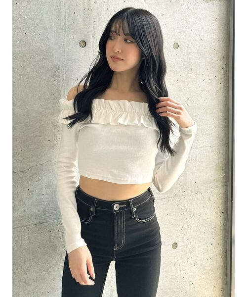 GYDA(ジェイダ)の「フリルリブトップス(Tシャツ/カットソー・レディース・ブラック/オフホワイト・FREE)」の16枚目の写真