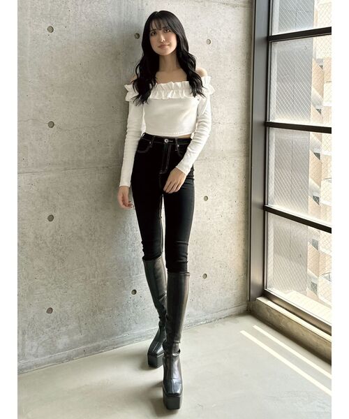GYDA(ジェイダ)の「フリルリブトップス(Tシャツ/カットソー・レディース・ブラック/オフホワイト・FREE)」の18枚目の写真