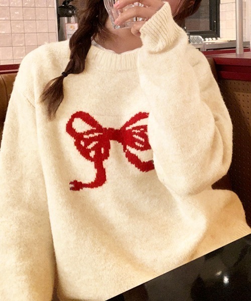 Jayro（ジャイロ）の「リボン柄ニットトップス（ニット/セーター・レディース・ブルー/レッド・FREE）」の2枚目の写真