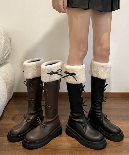 AsRiRe（アスリレイ）の「リボン付き　ロングファーブーツ（ブーツ・レディース・ブラウン/ブラック・S/M/L）」の6枚目の写真