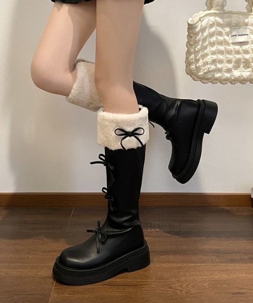 AsRiRe（アスリレイ）の「リボン付き　ロングファーブーツ（ブーツ・レディース・ブラウン/ブラック・S/M/L）」の9枚目の写真