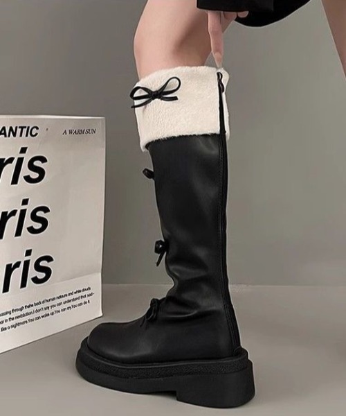 AsRiRe（アスリレイ）の「リボン付き　ロングファーブーツ（ブーツ・レディース・ブラウン/ブラック・S/M/L）」の12枚目の写真