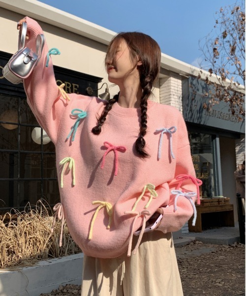 gossip!ロサンゼルス(ゴシップロサンゼルス)の「リボン BIGプルオーバー Y2K(ニット/セーター・レディース・ピンク/イエロー/オフホワイト・FREE)」の11枚目の写真