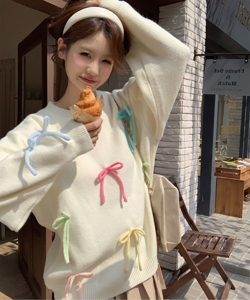 gossip!ロサンゼルス(ゴシップロサンゼルス)の「リボン BIGプルオーバー Y2K(ニット/セーター・レディース・ピンク/イエロー/オフホワイト・FREE)」の5枚目の写真