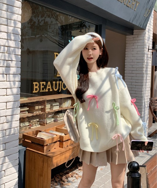 gossip!ロサンゼルス(ゴシップロサンゼルス)の「リボン BIGプルオーバー Y2K(ニット/セーター・レディース・ピンク/イエロー/オフホワイト・FREE)」の9枚目の写真