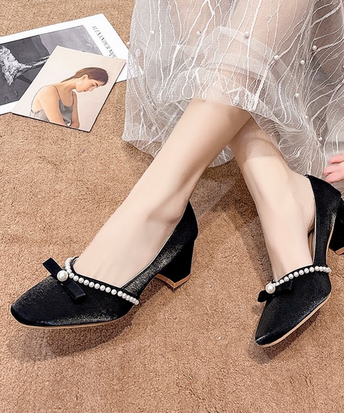 Lace Ladies パール ライン チャンキー ハイヒール パンプス（パンプス）
