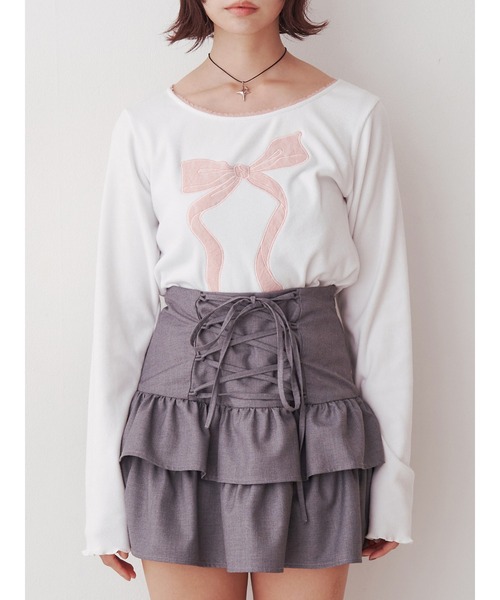 jouetie（ジュエティ）の「レースリボンモチーフトップス（Tシャツ/カットソー・レディース・ブラック/オフホワイト/グレー・MEDIUM）」の13枚目の写真