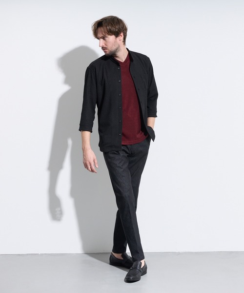 HIDEAWAYS NICOLE（ハイダウェイニコル）の「バーク風ジャガード7分袖バンドカラーシャツ（シャツ/ブラウス・メンズ・ラベンダー/オフホワイト/サックスブルー/ブラック・X-LARGE/LARGE/MEDIUM）」の6枚目の写真