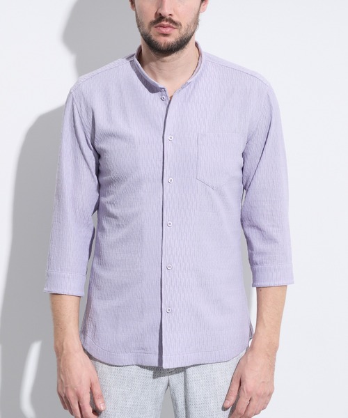 HIDEAWAYS NICOLE（ハイダウェイニコル）の「バーク風ジャガード7分袖バンドカラーシャツ（シャツ/ブラウス・メンズ・ラベンダー/オフホワイト/サックスブルー/ブラック・X-LARGE/LARGE/MEDIUM）」の9枚目の写真