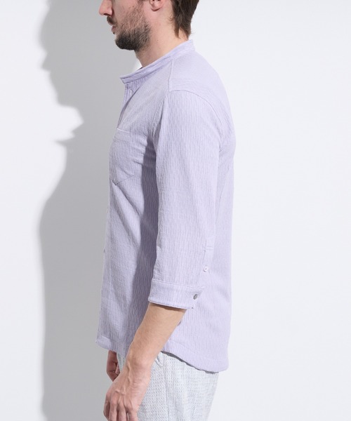 バンドカラー　ノーカラー　シャツ FRANK LEDER バンドカラーシャツ ノーカラーシャツ ストライプ