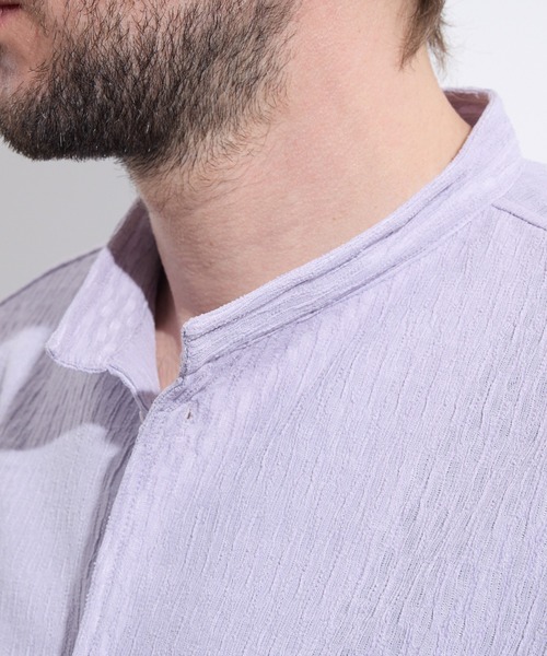 HIDEAWAYS NICOLE（ハイダウェイニコル）の「バーク風ジャガード7分袖バンドカラーシャツ（シャツ/ブラウス・メンズ・ラベンダー/オフホワイト/サックスブルー/ブラック・X-LARGE/LARGE/MEDIUM）」の12枚目の写真