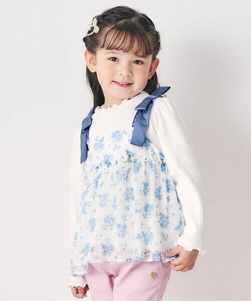 apres les cours（アプレレクール）の「【ジュニア対応】肩リボンフラワードッキングトップス（Tシャツ/カットソー・キッズ・ブルー/ピンク・140/130/80/120/110/100/90）」の2枚目の写真