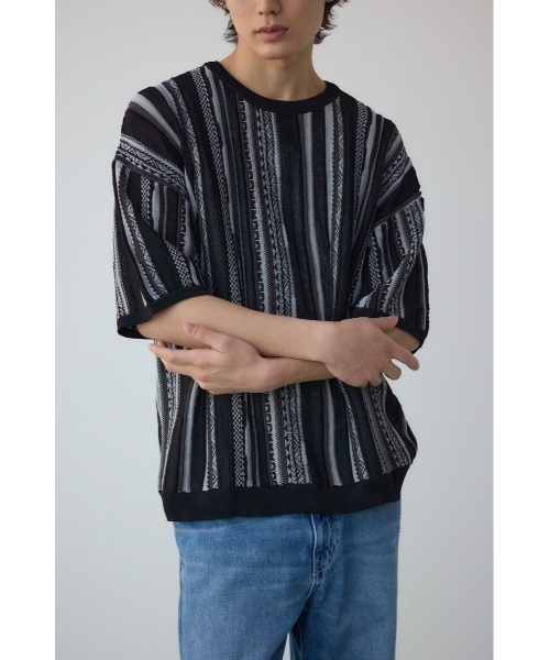 AZUL by moussy（アズールバイマウジー）の「クージー半袖ニット（ニット/セーター・メンズ・ブラック/オフホワイト/ブラック系その他・MEDIUM/LARGE）」の3枚目の写真
