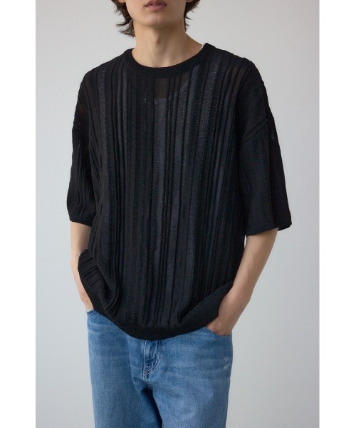 AZUL by moussy（アズールバイマウジー）の「クージー半袖ニット（ニット/セーター・メンズ・ブラック/オフホワイト/ブラック系その他・MEDIUM/LARGE）」の2枚目の写真