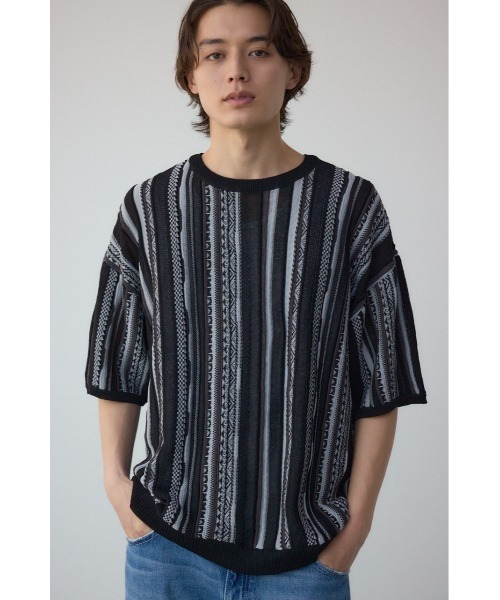 AZUL by moussy（アズールバイマウジー）の「クージー半袖ニット（ニット/セーター・メンズ・ブラック/オフホワイト/ブラック系その他・MEDIUM/LARGE）」の14枚目の写真