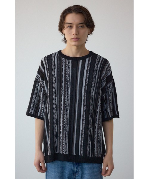 AZUL by moussy（アズールバイマウジー）の「クージー半袖ニット（ニット/セーター・メンズ・ブラック/オフホワイト/ブラック系その他・MEDIUM/LARGE）」の5枚目の写真