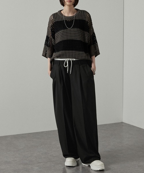 Alfred Alex(アルフレッドアレックス)の「【Alfred Alex】フェイクレイヤードダブルウエストワイドスラックスパンツ(スラックス・メンズ・ブラック/チャコールグレー・L/M/S)」の3枚目の写真